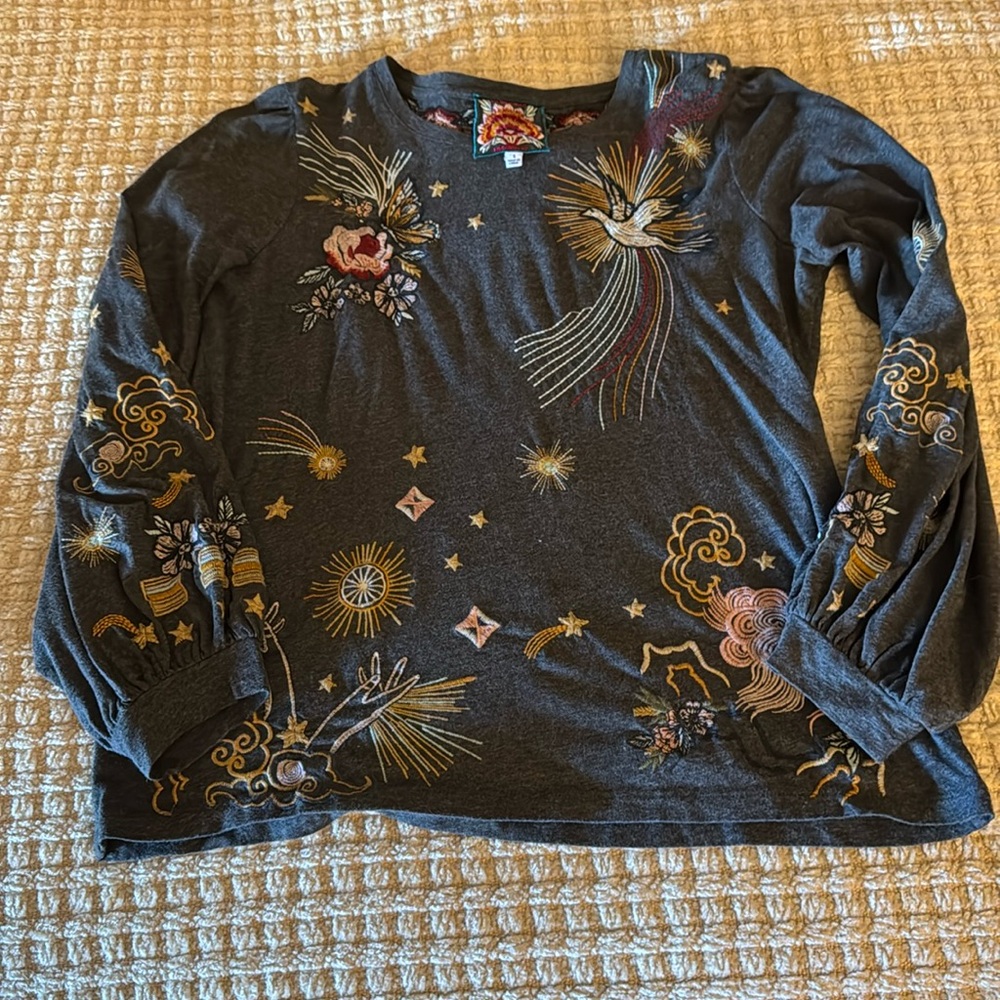 Johnny Was Gray Long Sleeve Tee with Colorful Embroidery